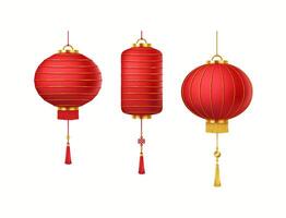 Red Chinese lanterns at holiday event realistic color icons set. Traditional paper oriental lamps with tassels 3d objects bundle on white vector
