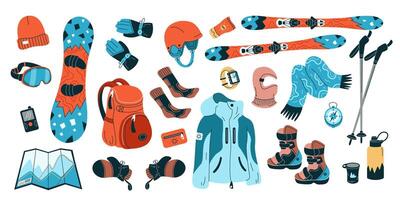 Active winter sports equipment flat color objects set. Clothing and inventory for training illustrations bundle on white background vector