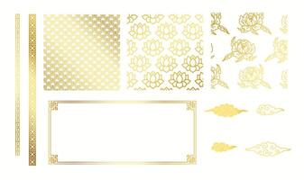 Golden Asian patterns borders and frame realistic color illustration set. Traditional oriental culture ornaments 3d designs bundle on white vector