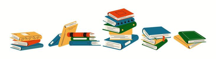 Piles of books in public library flat color objects set. Reading hobby and educative materials illustrations bundle on white background vector