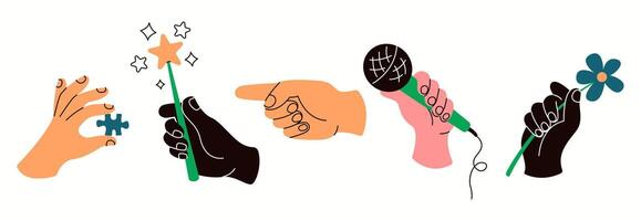 People hands showing different items flat color icons set. Using various items for fun illustrations pack on white background vector