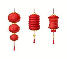 Traditional Chinese lanterns for holiday event realistic color icons set. Red Asian paper lamps with tassels and coins 3d objects bundle on white vector