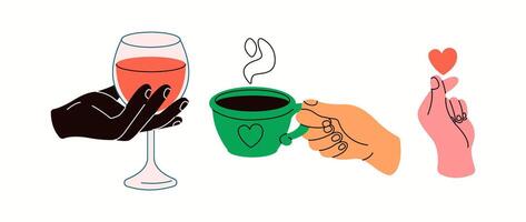 People hands with wine coffee and heart flat color icons set. Lifestyle and relaxation style illustrations pack on white background vector