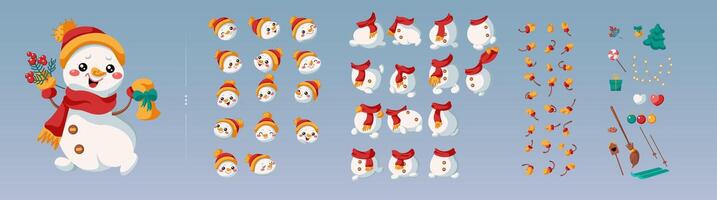 Happy Christmas snowman constructor color illustration set. Winter season fairy tale creature character design on blue background vector