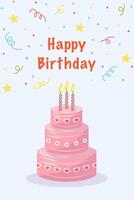 Happy birthday card with cake on blue background vector