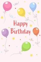 happy birthday card with balloons and confetti on pink background vector