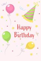 happy birthday card with balloons on pink background. vector