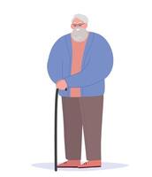 An elderly man stands tall with a cane in his hands. Old man with a beard. vector