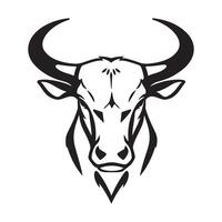 Bull head silhouette, with sharp horns and an intense expression, set against a white background, symbolizing power and dominance. vector