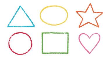 Crayon, chalk kid frame set. Round, square, heart shape hand drawn crayon texture color frame element. Chalk, pastel pencil kid craft paint style square, star border. vector