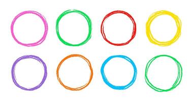 Scribble circle round frame. Hand drawn rough scribble effect line. Children color crayon brush stroke frame. Scribble hand drawn grunge doodle color circle set. vector