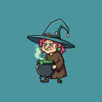 Grumpy Witch Brewing Green Potion In Cauldron vector