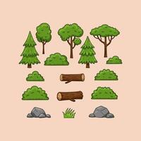 Cartoon illustration of various trees bushes rocks and logs vector