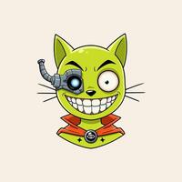 A mischievous green cat with a cybernetic eye and cape vector