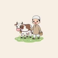 Young Boy Leading A Cow Across A Field vector
