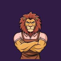 A Muscular Lion Wearing An Apron Stands With Arms Crossed vector