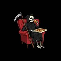 Grim Reaper Relaxing Enjoying Pizza In Chair vector