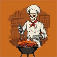 Skeleton Chef Grilling Steaks In A Kitchen Setting vector