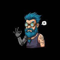 Cybernetic Bearded Man Shows Disagreement With Robotic Hand vector