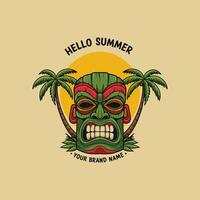Tiki Mask Summer Design with Palm Trees and Sun vector