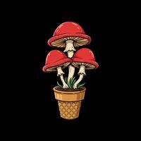 Three Red Mushrooms Growing In A Waffle Cone vector