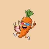 Happy Carrot Character Enjoys Movie Popcorn Snack vector