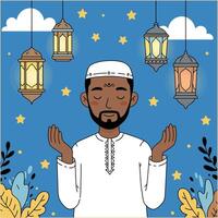 Man Praying Under Ramadan Lanterns and Stars vector