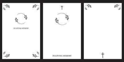 Set of funeral empty card. Funeral card with white background. Church cross and leaves vector