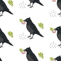 Black birds holding green leaves on a white background create a whimsical pattern vector