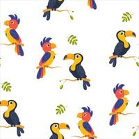 Colorful tropical birds on white background in a playful pattern design vector