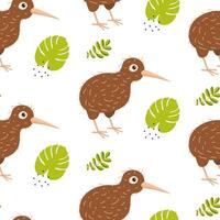 Cute kiwi birds and green leaves create a playful pattern for fun decor vector