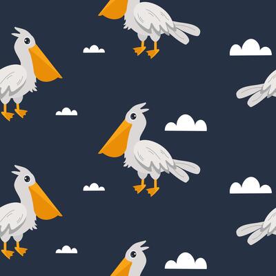 Playful design featuring cartoon pelicans and clouds against a dark background