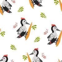Woodland birds perched on branches with colorful leaves in a playful pattern design vector