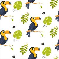 Colorful tropical pattern featuring toucans and leaves in a vibrant design vector