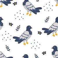 Colorful pattern featuring playful pigeons among flowers and dots on a white background vector