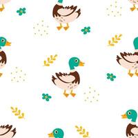 Colorful cartoon ducks and floral elements create playful pattern on a white background vector