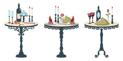 Set of Romantic tables restaurant. Vintage tables with romantic dinner. Festive table setting. Table for two with bottle of wine, lamp, napkins, wineglasses, flower, cutlery. flat illustration vector
