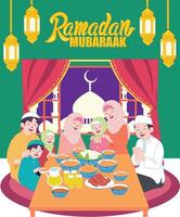 A warm family enjoying Iftar during Ramadan, with a mosque view outside, perfect for cultural projects. vector