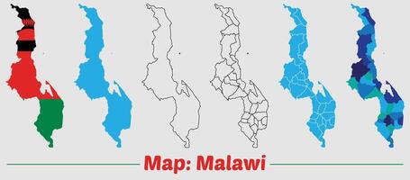 Malawi country map set. internal provinces borders marked, Simple map of Malawi drawing, Filled and outline. vector