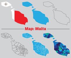 Malta country map set. internal provinces borders marked, Simple map of Malta drawing, Filled and outline. vector