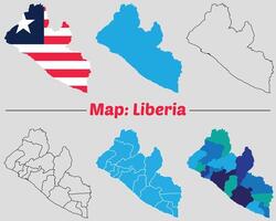 Liberia country map set. internal provinces borders marked, Simple map of Liberia drawing, Filled and outline. vector
