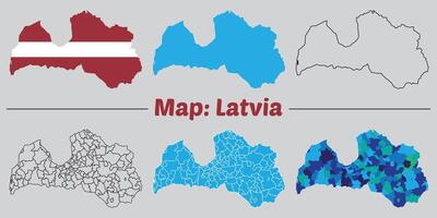 Latvia country map set. internal provinces borders marked, Simple map of Latvia drawing, Filled and outline. vector