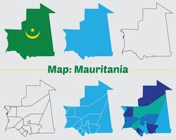 Mauritania country map set. internal provinces borders marked, Simple map of Mauritania drawing, Filled and outline. vector