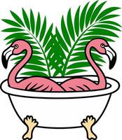 Flamingos in Bathtub with Tropical Palm Leaves vector