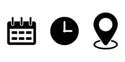 Time, date and address icon set. Calendar, clock, location. Black flat web icons. Stopwatch timer icon. Date Calendar icon. illustration. vector
