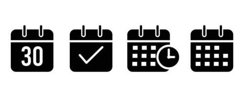 Set of calendar icons in black color, month schedule calendar symbol. day planner web sign. deadline date sign. appointment check pictogram. on a white background. vector