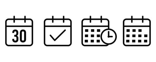Set of calendar icons in outliner, month schedule calendar symbol. day planner web sign. deadline date sign. appointment check pictogram. on a white background. vector