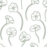 Centella asiatica in botanical style on black white seamless pattern. Rounded leaves on stems of pennywort plants hand drawn. Gotu kola foliage endless background for package, label, textile vector