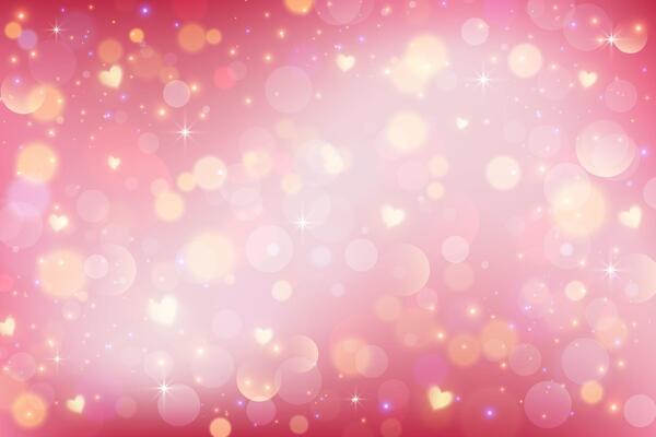 Lovely pink background with hearts and bokeh. Cute romantic sky with light glitter and sparkles. Abstract pastel Valentine blurred wallpaper. Girly fairy fantasy backdrop