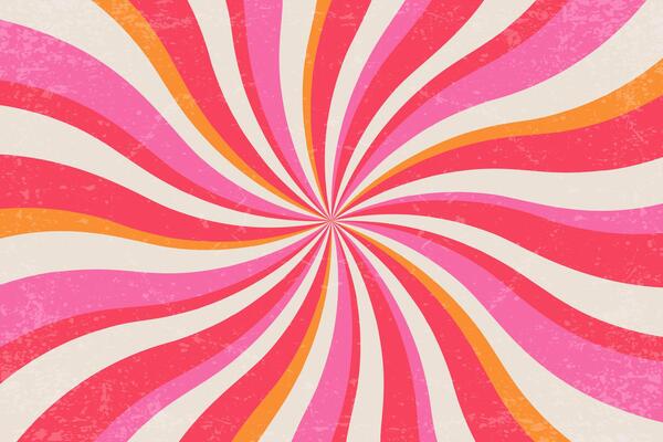 Retro swirl pattern. Groovy textured background. Spiral groovy sunburst radial backdrop. Vintage psychedelic wavy pink and orange vortex. 70s funky striped summer poster